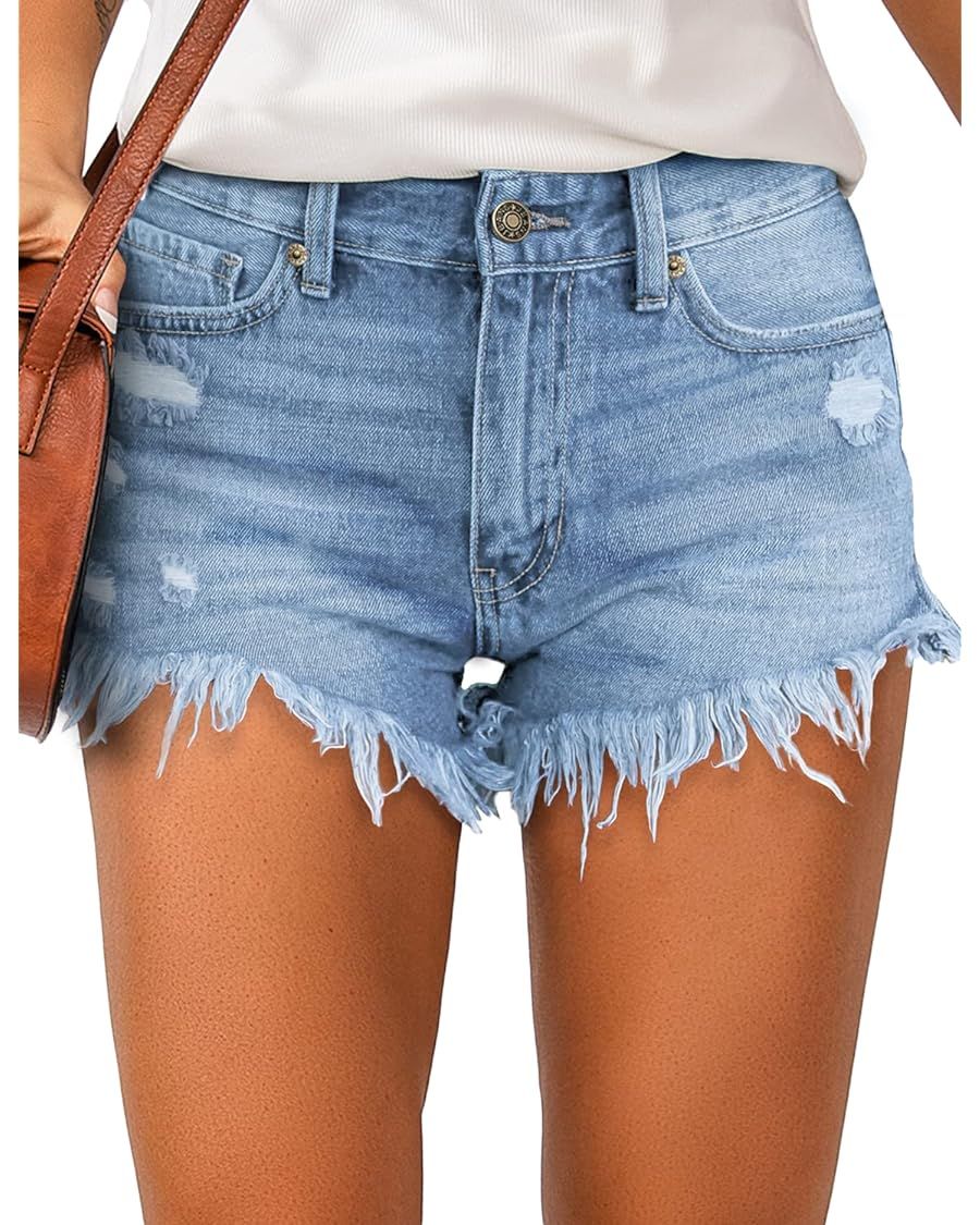 luvamia Women Casual High Waisted Denim Shorts Frayed Raw Hem Ripped Jeans Shorts | Amazon (US)