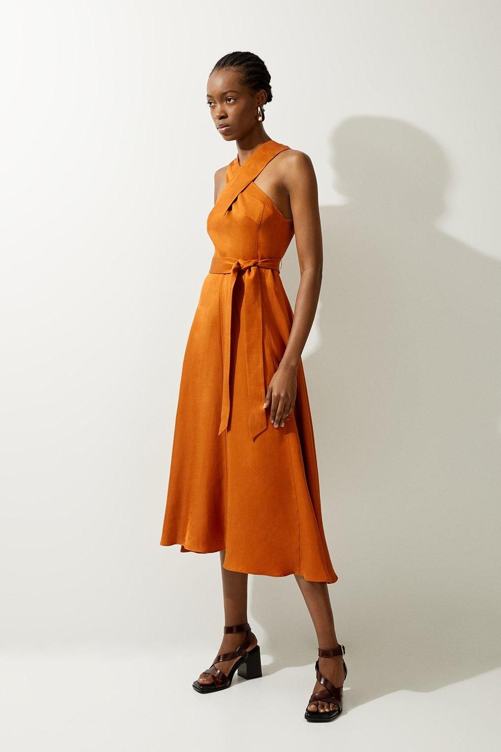 Premium Linen Tailored Halterneck Full Skirted Midi Dress | Karen Millen UK + IE + DE + NL