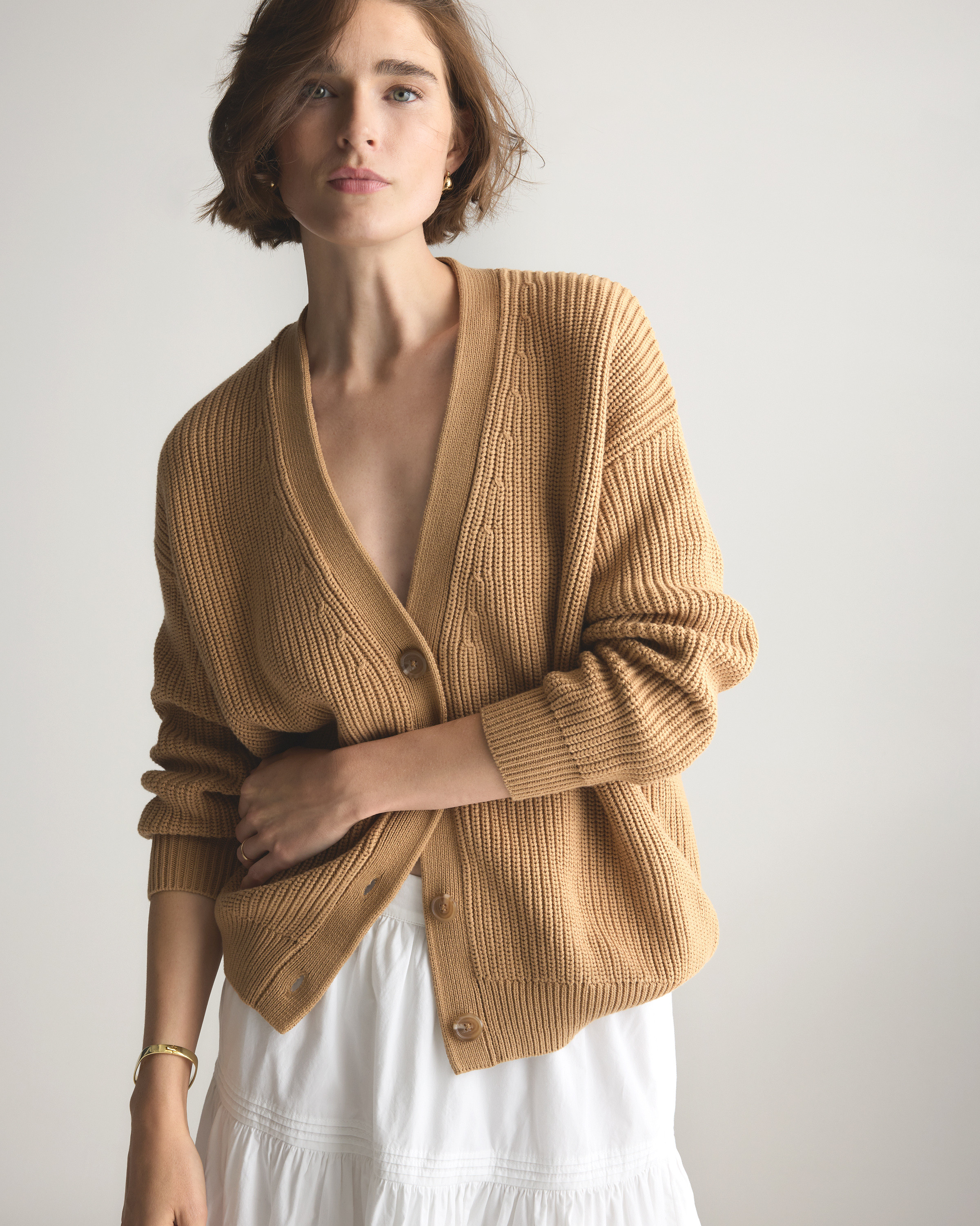 Quince | Women's Oversized Boyfriend Cardigan Sweater in Camel, Size XS, Organic Cotton | Quince