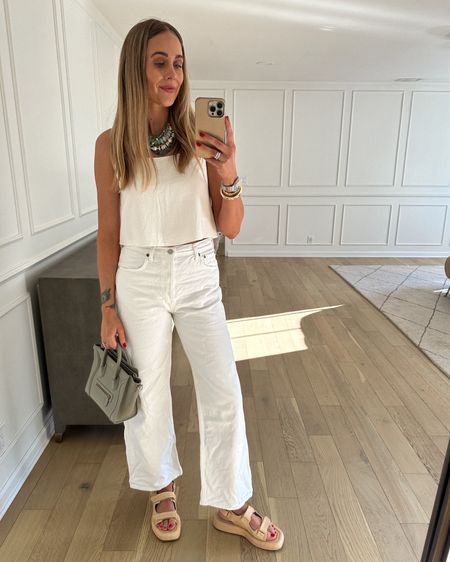 Fashion Jackson wearing white summer outfit, white jeans, white tank, raffia sandals, green beaded necklaces #fashionjackson #summeroutfits #whitejeans #sandals 

#LTKStyleTip #LTKOver40 #LTKFindsUnder50