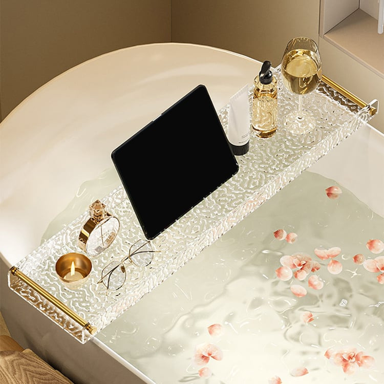Acrylic Water Ripple Bathtub Tray Clear Bathroom Caddy Shelf with Gold Handles | Homary