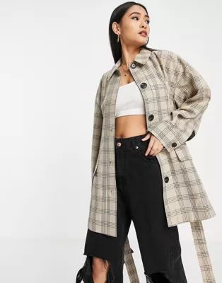Topshop ovoid sleeve shacket in neutral check | ASOS (Global)
