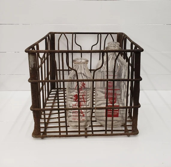 Vintage Rusty Metal Milk Crate - Farmhouse Storage Crate - Farmhouse Decor - Milk Delivery Crate | Etsy (US)