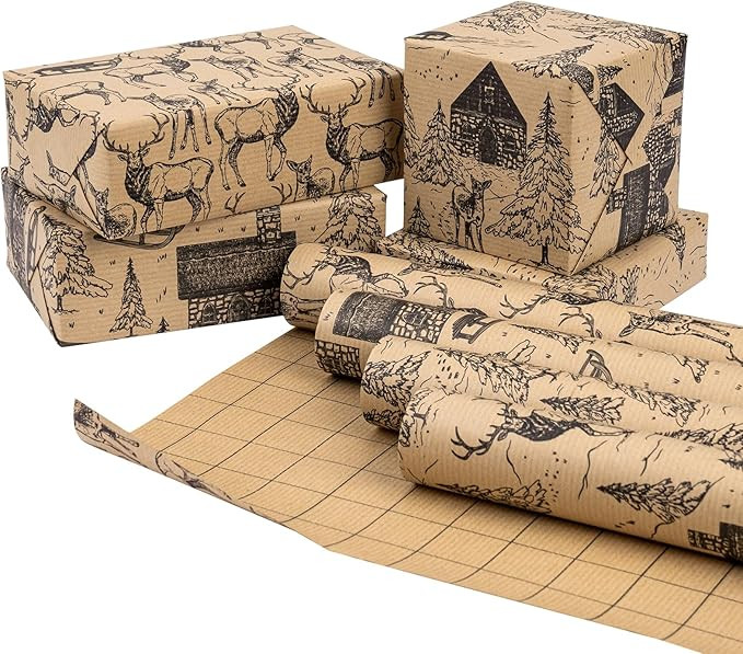 RUSPEPA Kraft Wrapping Paper Rolls - 17 inches x 10 feet per Roll, Total of 4 Rolls, Black Sketch... | Amazon (US)