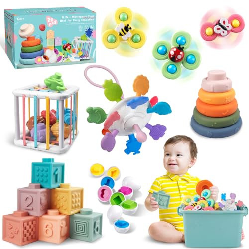 Weilim Baby Toys for 6 to 12 Months, Montessori Sensory Bins & Teething Toys, 6 in 1 Stacking Blocks, Rings, Eggs, Spinner, Crab Shape, 27 Pieces, Ages 6-36 Months | Amazon (US)
