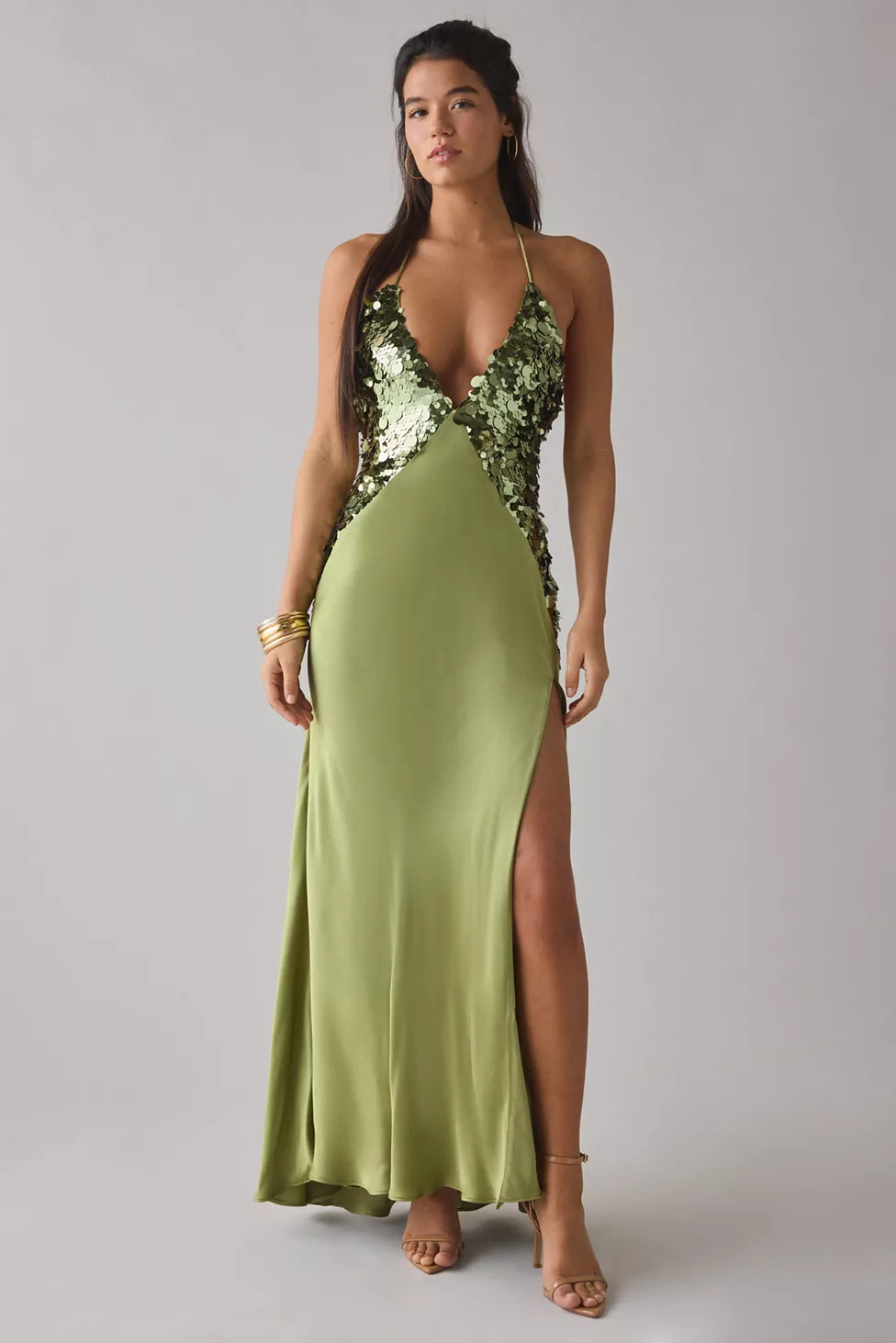 Bardot Yve Plunging Halter Sequin + Satin Slip Maxi Dress | Urban Outfitters (US and RoW)