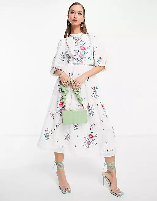 ASOS DESIGN high neck textured embroidered midi dress with lace trims in white | ASOS (Global)