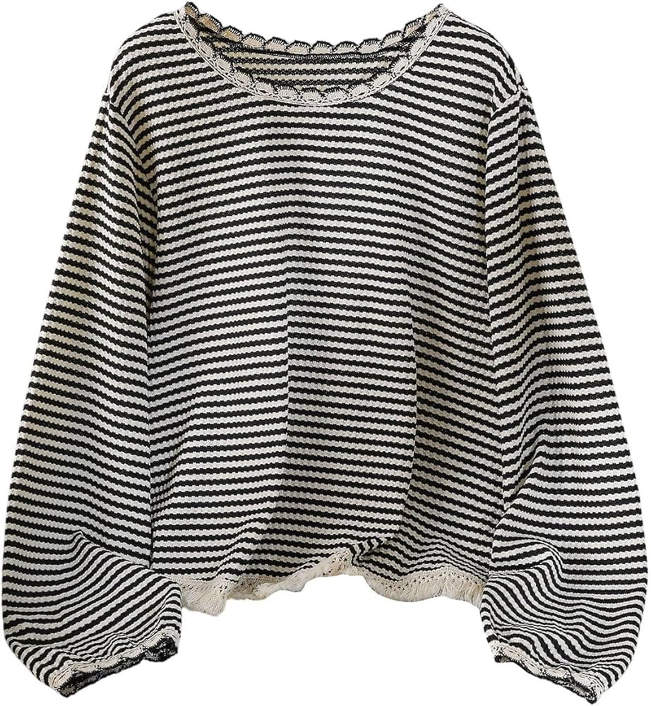 SOLY HUX Women's Plus Size Striped T Shirt Long Sleeve Crew Neck Tassel Hem Tee Casual Fall Tops | Amazon (US)