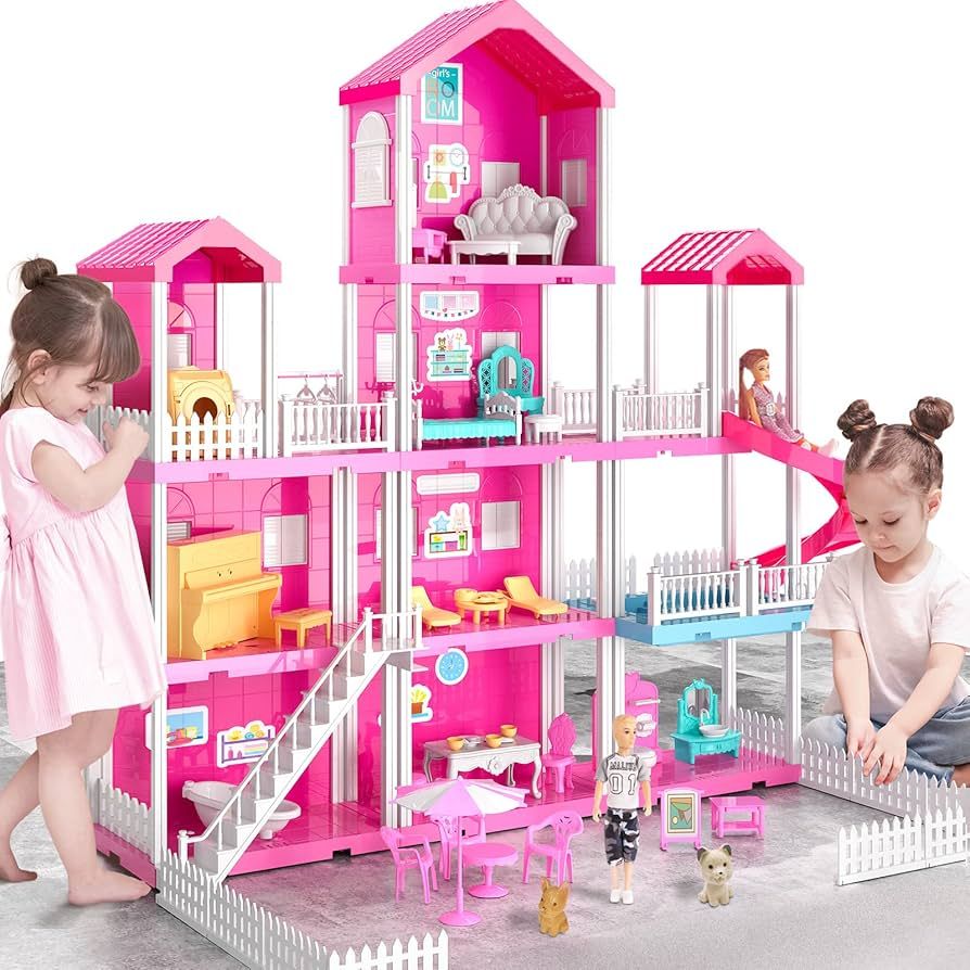 TEMI Dream House Doll House with 2 Doll Toy Figures, 4-Story 10 Rooms Dollhouse with Accessories ... | Amazon (US)