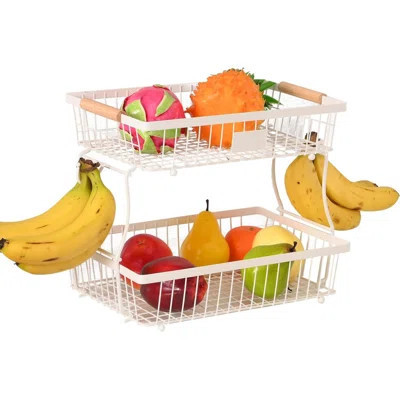 2 Tier Detachable Fruit Basket Bowl With 2 Banana Hangers, Fruit Stand Holder For Kitchen Countertop, Metal Wire Vegetable Storage Organizer, For Brea | Wayfair North America