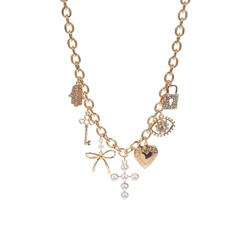 Gold Charm Necklace for Women – Pearl Cross Pendant with Heart, Key, Eye, Lock & Bow Charms – Fashion Statement Chain Jewelry | Amazon (US)