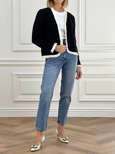 Lottie Satin Frill Contrast Cardigan Jacket | Black/Cream | Vita Grace