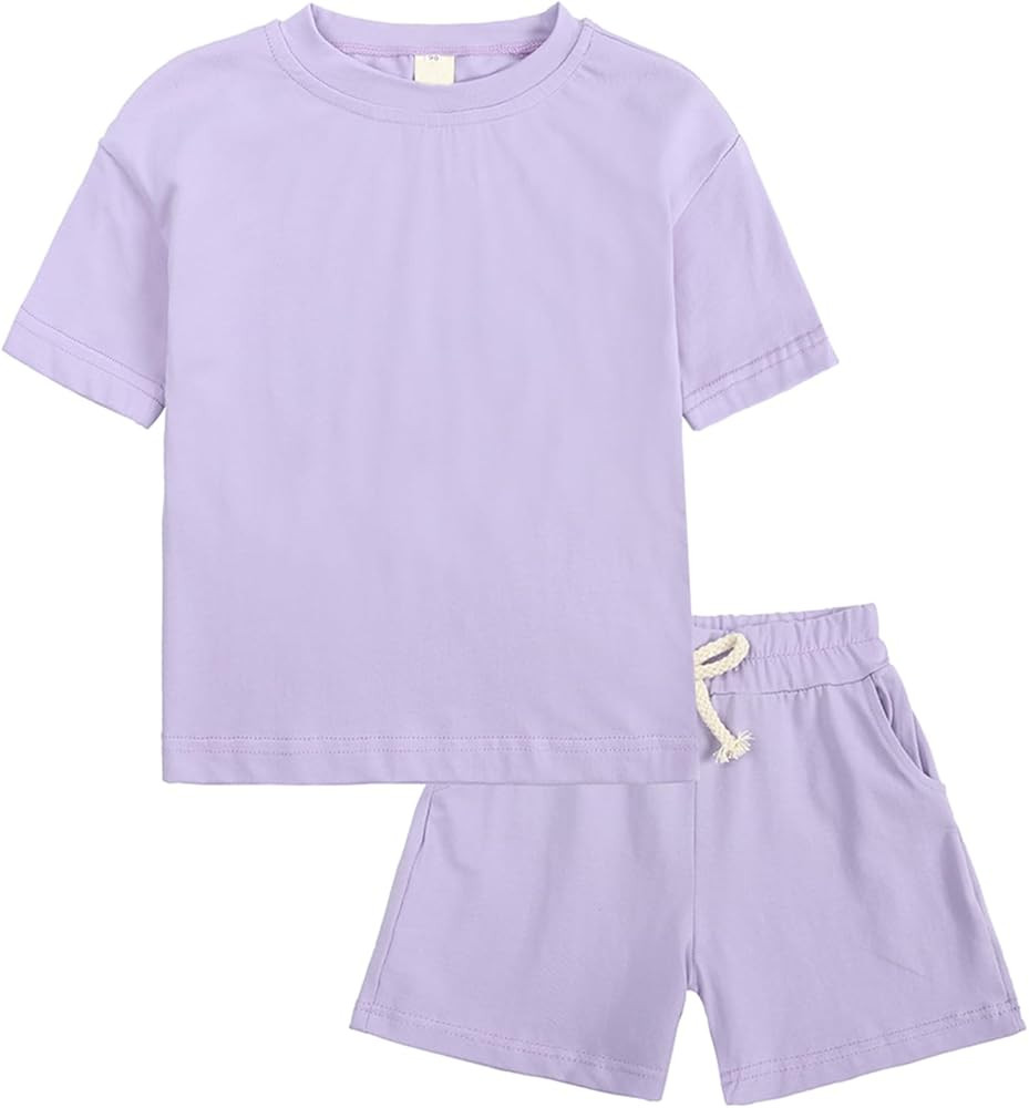 KISBINI Toddler Kids Plain Short Sleeve T-Shirt and Shorts Set Unisex Cotton Summer Outfit Clothe... | Amazon (US)