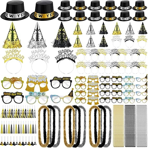 204 Pcs 2026 New Year's Eve Party Supplies for 50 Guests Includes Top Hats Cone Hats Tiaras Glass... | Amazon (US)
