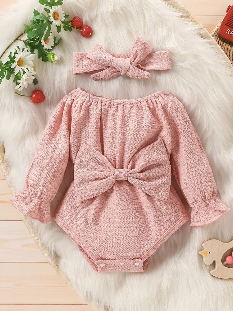 Baby Flounce Sleeve Bow Front Bodysuit & Headband | SHEIN