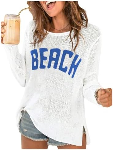 COZYEASE Women's Beach Cover Up Letter Print Long Sleeve Sweater Crew Neck Split Hem Crochet Jump... | Amazon (US)