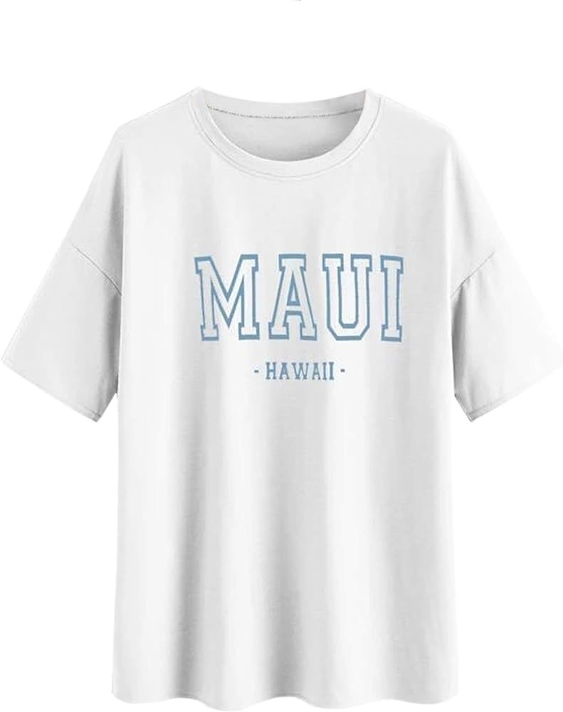Meladyan Women’s Maui Hawaii Letter Print Oversized T Shirts Short Sleeve Round Neck Drop Shoulder L | Amazon (US)