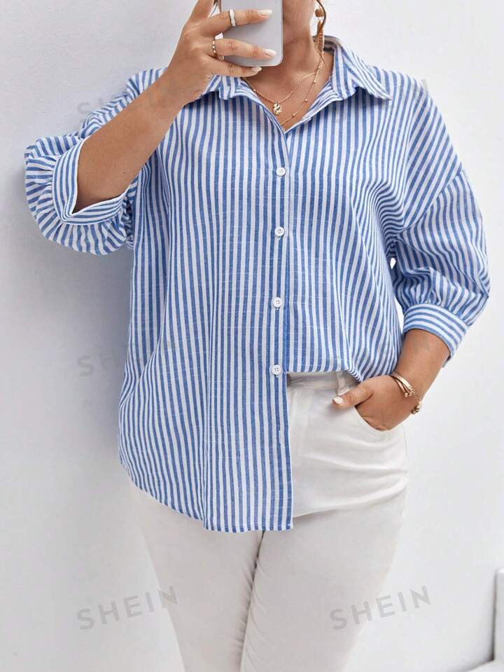 SHEIN Frenchy Plus Striped Print Drop Shoulder Shirt Summer Tops Vacation Clothes | SHEIN