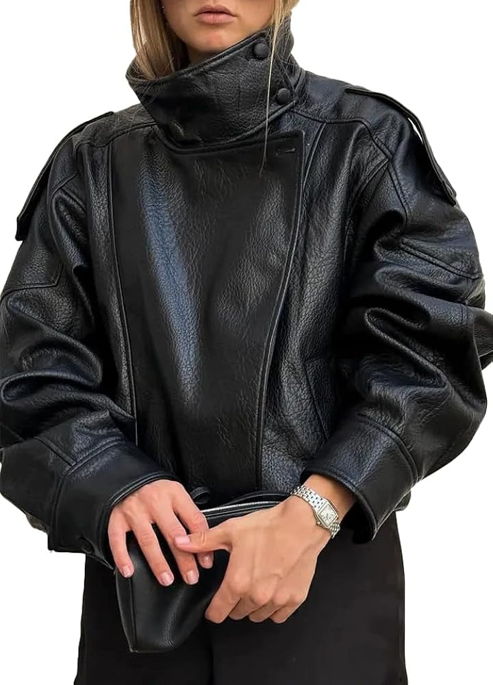 THLAI Black Jacket for Women Faux Leather Coat with Lychee Texture Stand-Up Collar & Long Sleeves... | Amazon (US)
