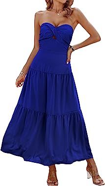 ECOWISH Women's Summer Strapless Dress Sexy Off Shoulder Hollow Out Smocked Maxi A Line Tube Dres... | Amazon (US)