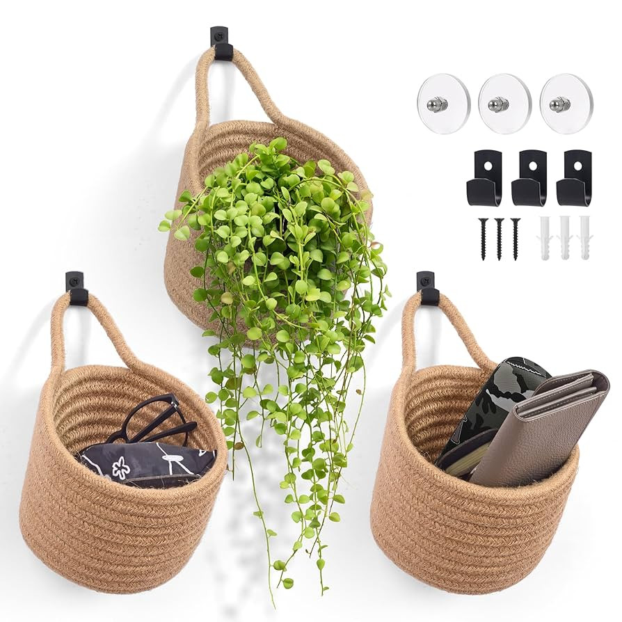 Fabric Wall Hanging Baskets - 3Pack Woven Pouchs Boho Style Wall Mounted Bag with Adhesive Hooks,... | Amazon (US)
