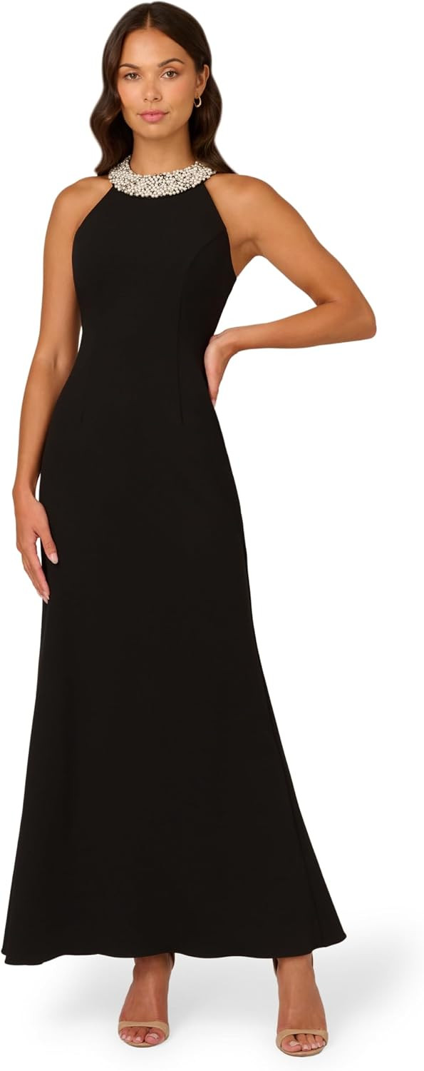 Adrianna Papell Studio Women's Beaded Halter Gown, Black, 16 | Amazon (US)