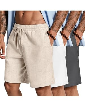 Neer 3 Pack Men's Cotton Linen Shorts Casual Elastic Waist Drawstring Shorts Summer Knee Length B... | Amazon (US)
