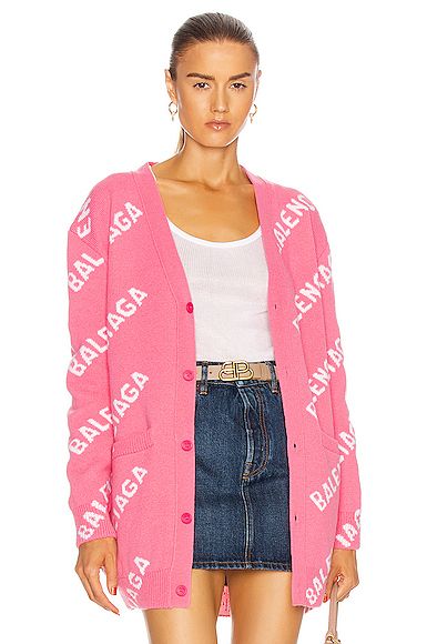 Balenciaga Long Sleeve Logo Cardigan in Pink | FWRD 