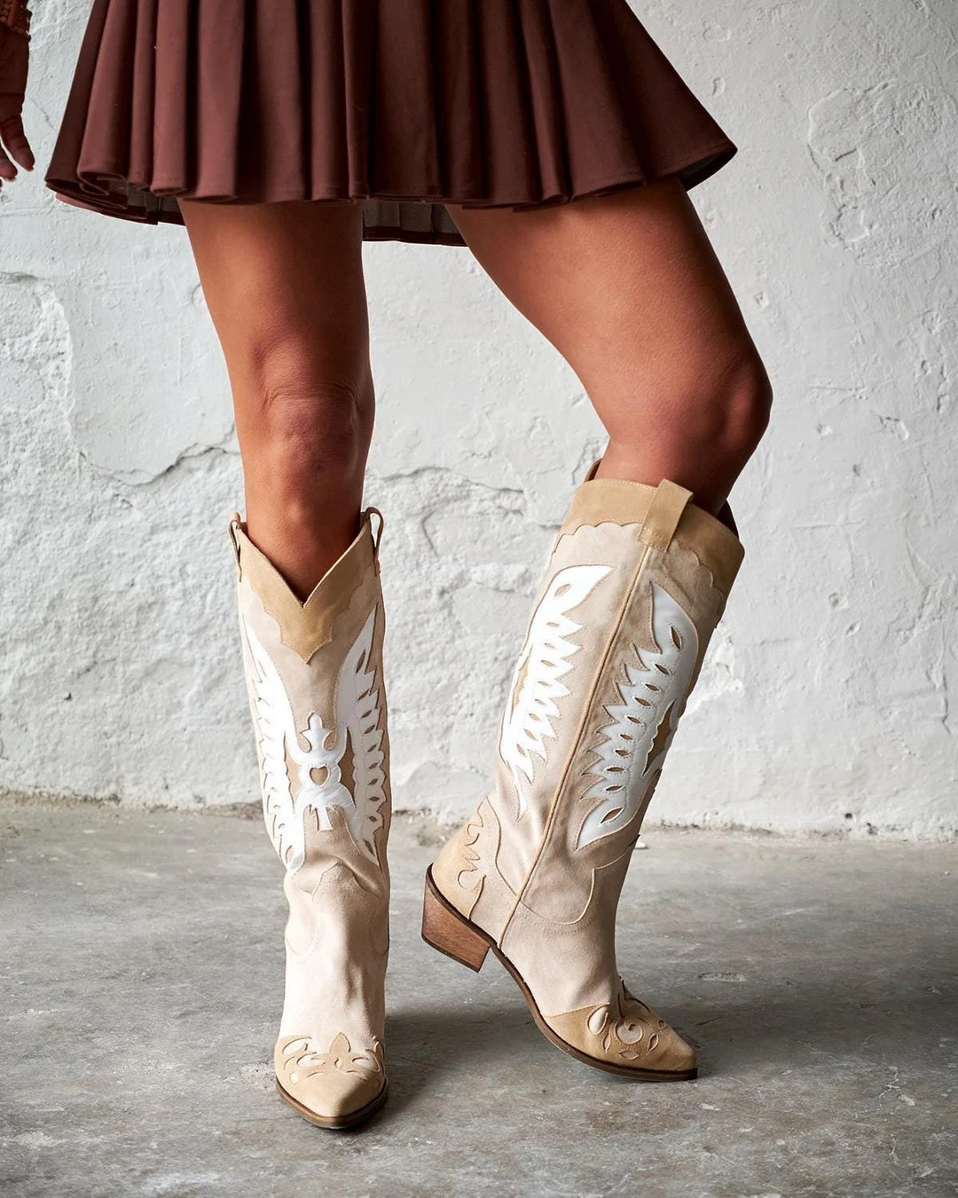 Beige Suede Knee High Boots,embroidered Cowboy Boots,pointed Toe Boots,block Heeled Boots,wide Ca... | Etsy (US)