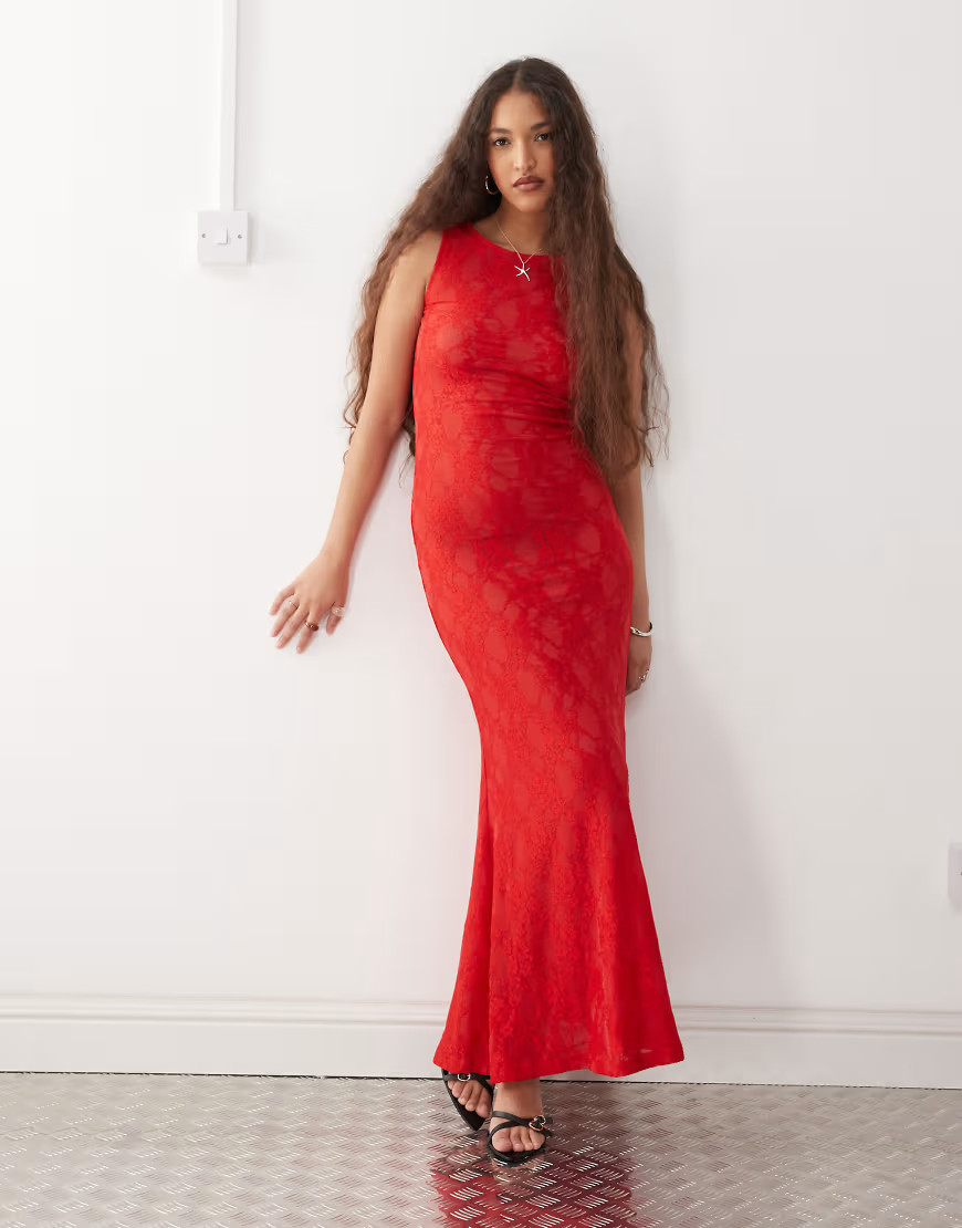 Amy Lynn sheer lace maxi slip dress in red | ASOS (Global)