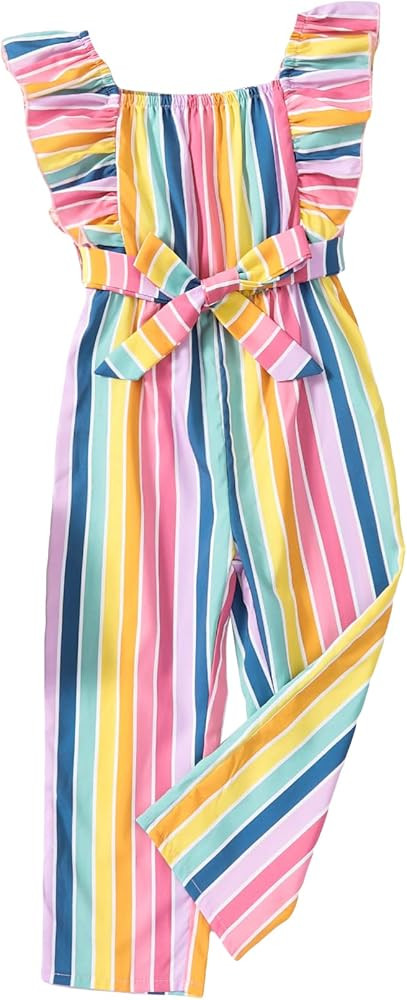 WDIRARA Toddler Girl's Striped Tie Front Ruffle Trim Sleeveless Square Neck Belted Jumpsuit | Amazon (US)