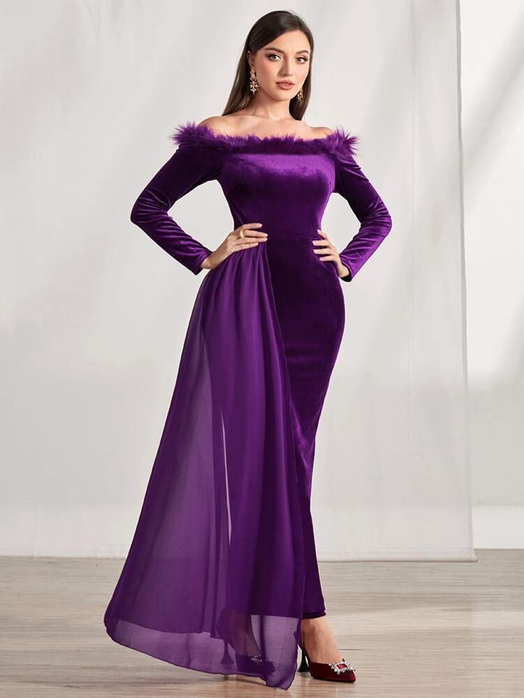 Off Shoulder Split Back Velvet Prom Dress | SHEIN