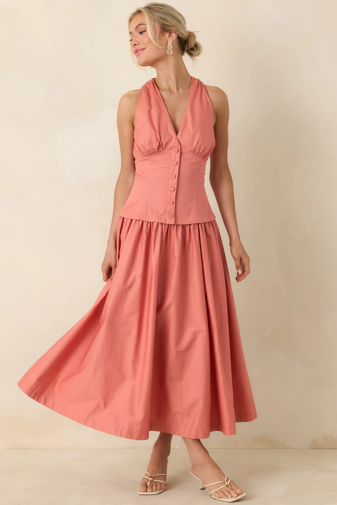 In the Warm Breeze Coral Orange Cotton Structured Bodice Sleeveless Midi Dress | Red Dress