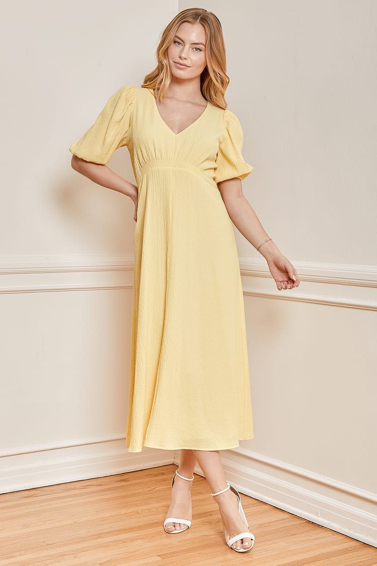 Spring into Happiness Light Yellow Puff Sleeve Midi Dress | Lulus (US)