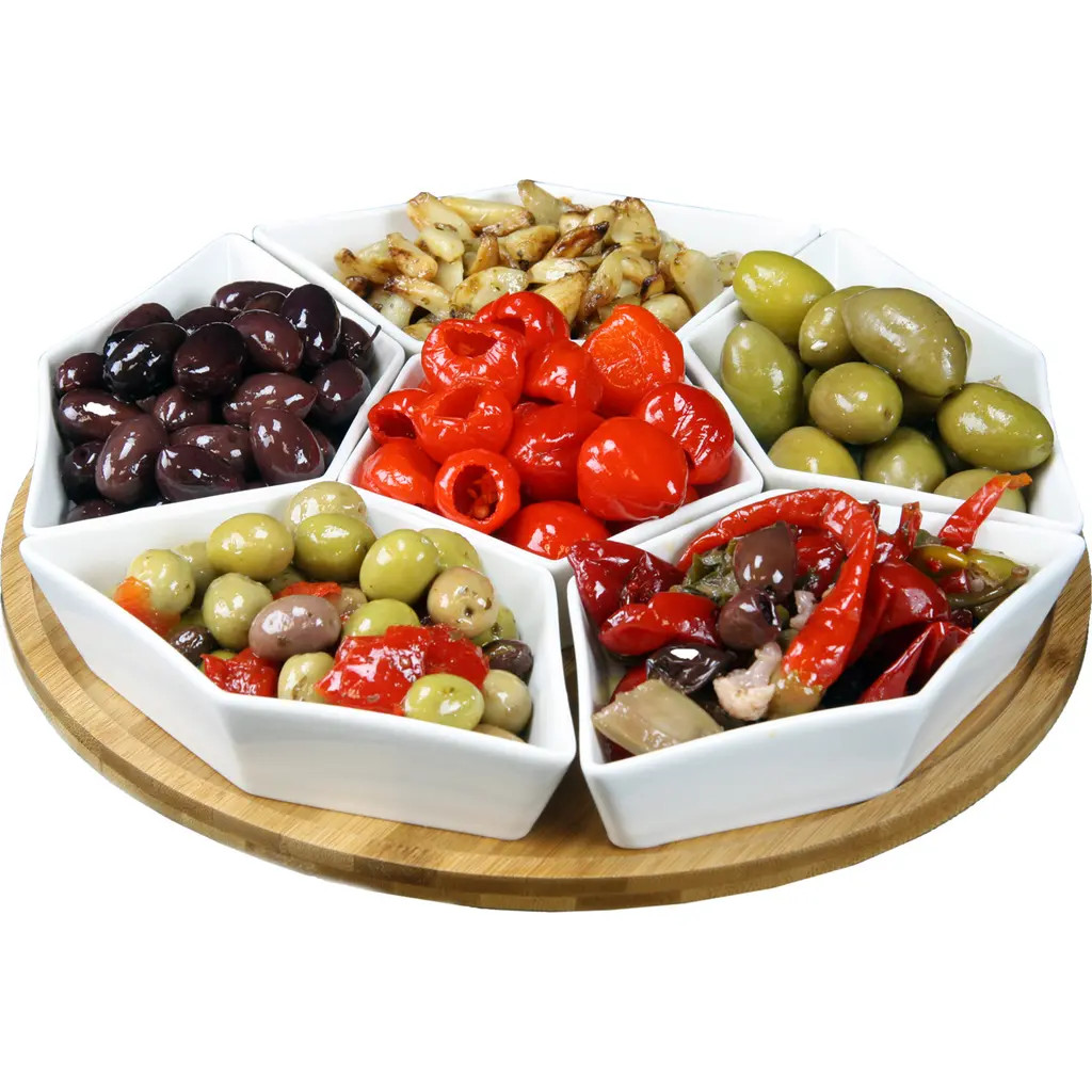 Elama Signature 12 Inch 7-Piece Condiment Server Set with a Wood Lazy Suzan Serving Tray in White at Nordstrom | Nordstrom