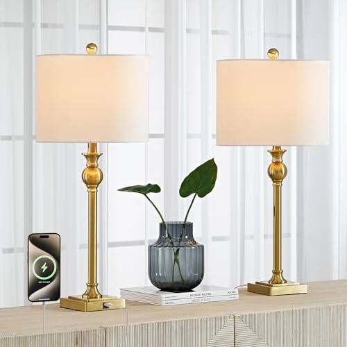 HIGHTRY Brass Gold Table Lamps Set of 2 for Living Room, 28" Tall Skinny Buffet Lamp for Bedroom with USB Ports, Modern Bedside Desk Lamp with White Fabric Shade for Office(ETL Certified) | Amazon (US)