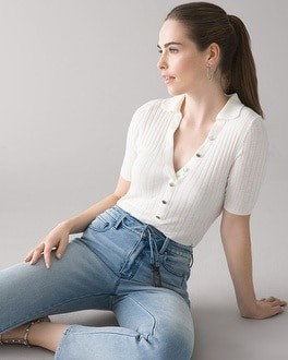 Cashmere-Blend Button Polo Sweater | White House Black Market