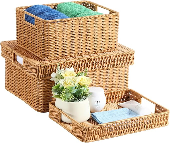 Large Woven Storage Basket with Lid - Handcrafted Wicker Basket for Shelves, Pantry, Office, Nurs... | Amazon (US)