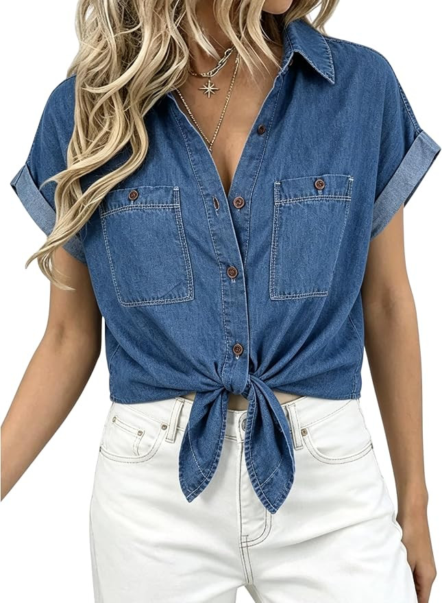Omoone Womens Denim Shirt Casual Summer Button Up Short Sleeve Western Chambray Shirts Jean Blous... | Amazon (US)