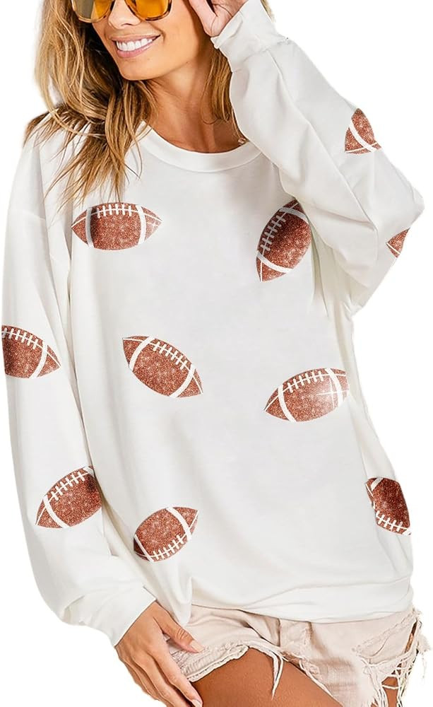 Joiemont Womens Football Sequin Embroidery Loose Fit Sweatshirt Casual Crewneck Pullover Long Sle... | Amazon (US)