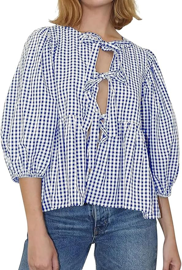 PEHMEA Women Tie Front Tops Peplum Baby Doll Shirts Puff Sleeve Y2K Summer Blouse Going Out Tops | Amazon (US)