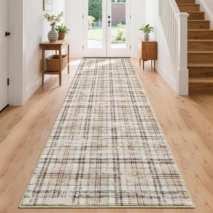 Tartan Plaid Washable Runner Rug 2.5x12 Non Slip Kitchen Rugs Modern Beige Indoor Entryway Rug So... | Amazon (US)
