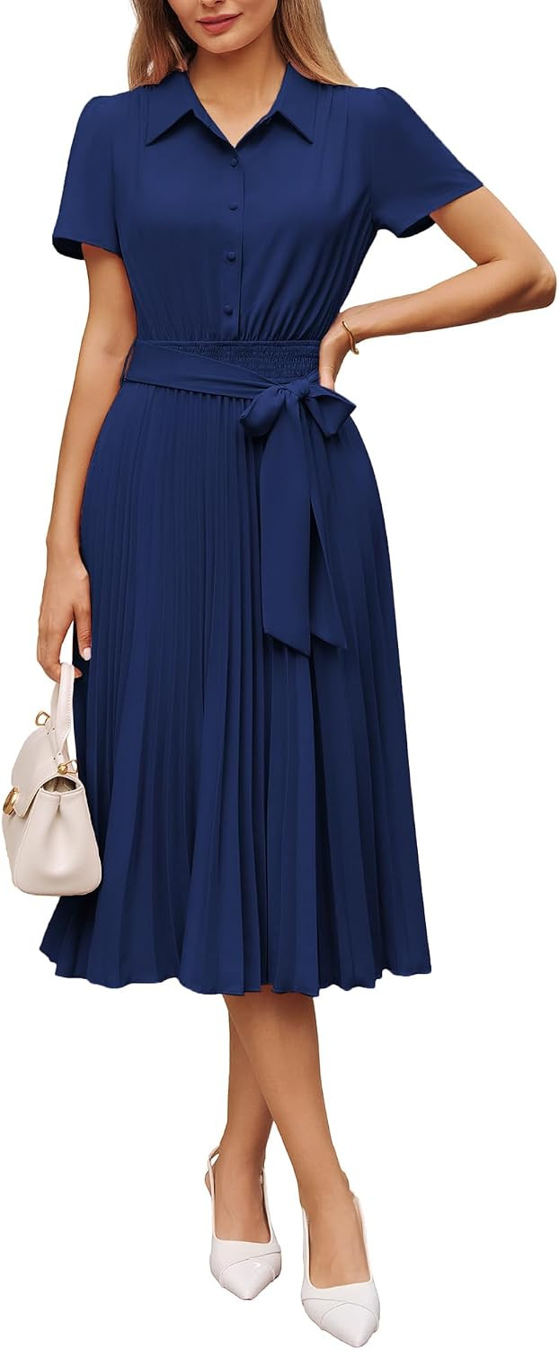 GRACE KARIN Women's 2026 Summer Midi Work Dress Short Sleeve Button Shirt Dresses A Line Pleated Belt Business Casual Dresses | Amazon (US)