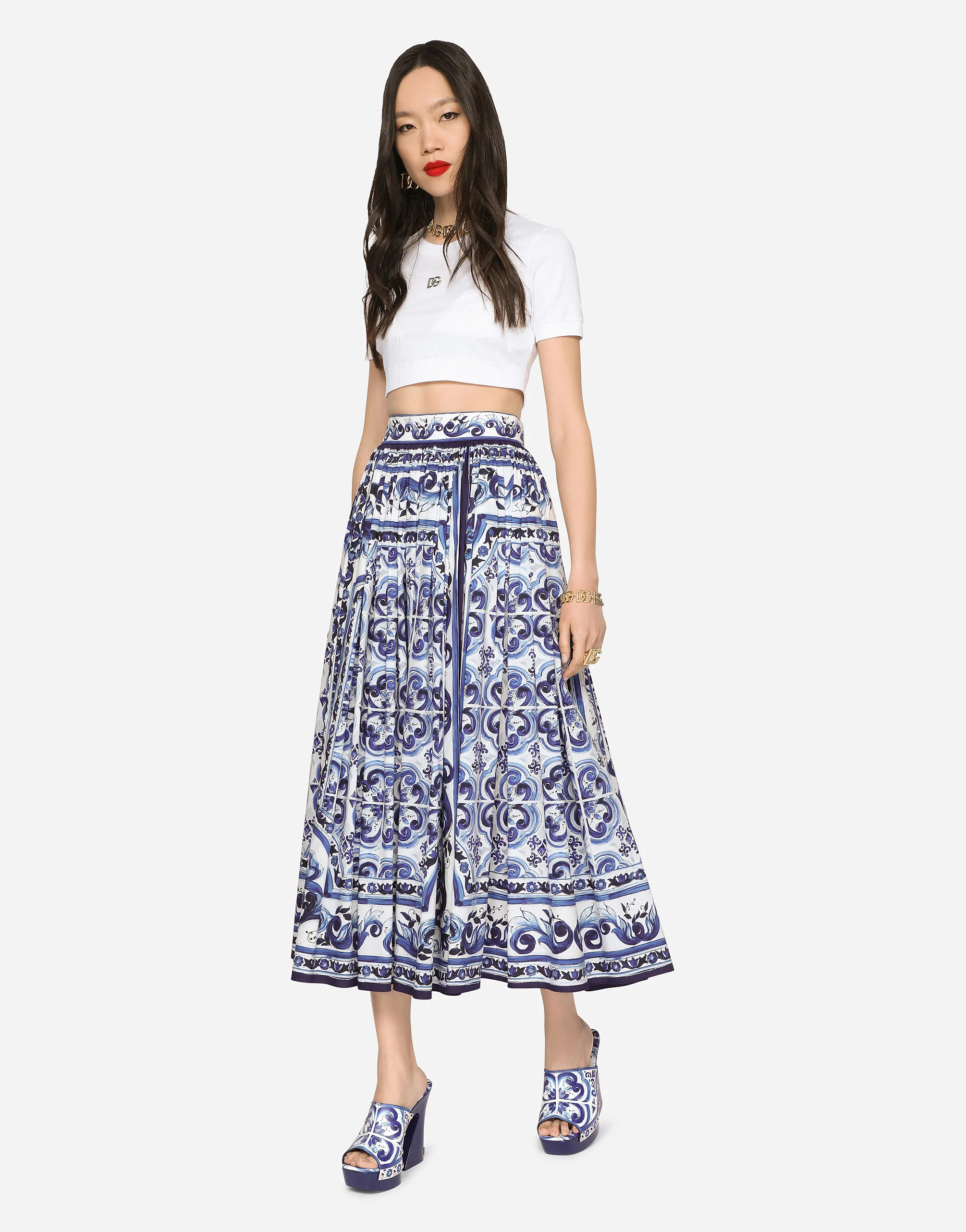 Majolica-print poplin calf-length skirt in Multicolor for Women | Dolce&amp;Gabbana® | Dolce & Gabbana