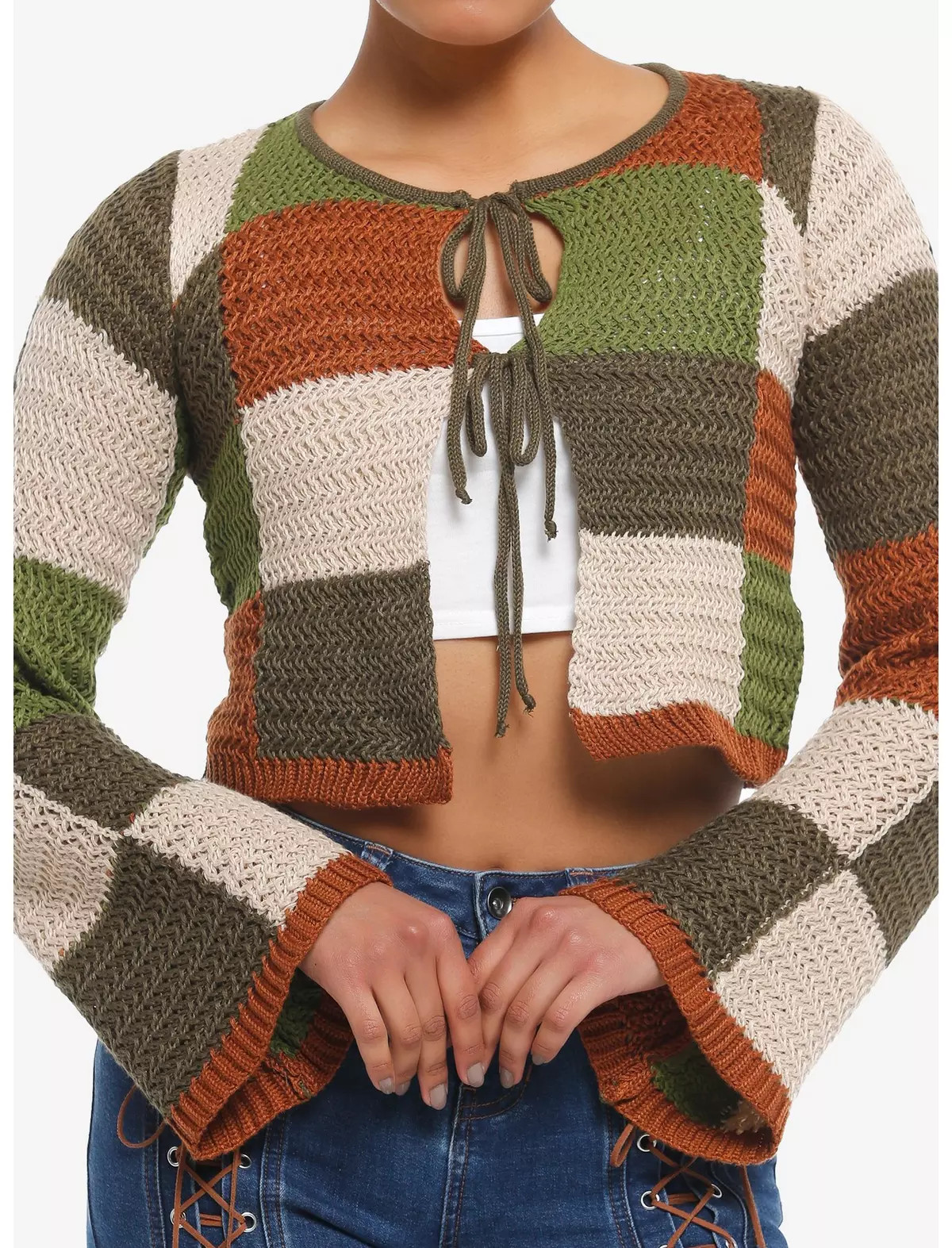 Thorn & Fable Patchwork Crochet Tie-Front Girls Long-Sleeve Top | Hot Topic