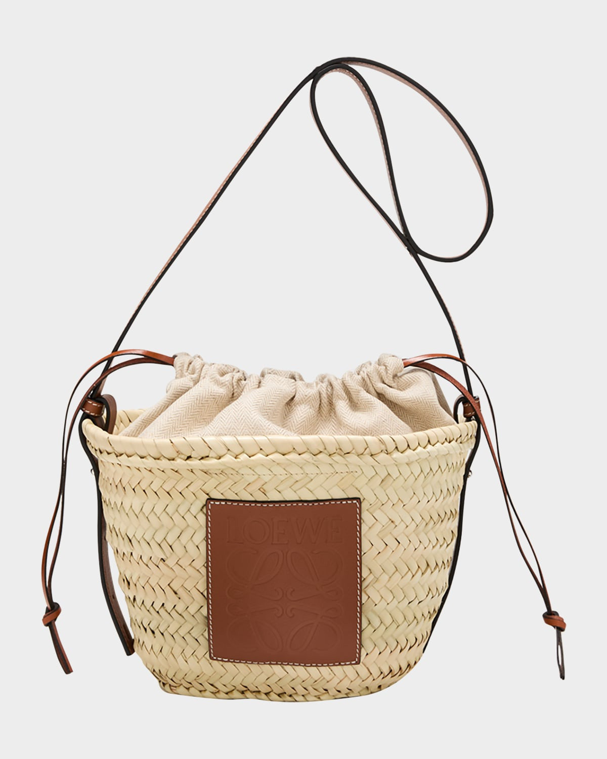 x Paula's Ibiza Basket Bucket Bag in Palm Leaf with Drawstring Pouch and Leather Strap | Neiman Marcus