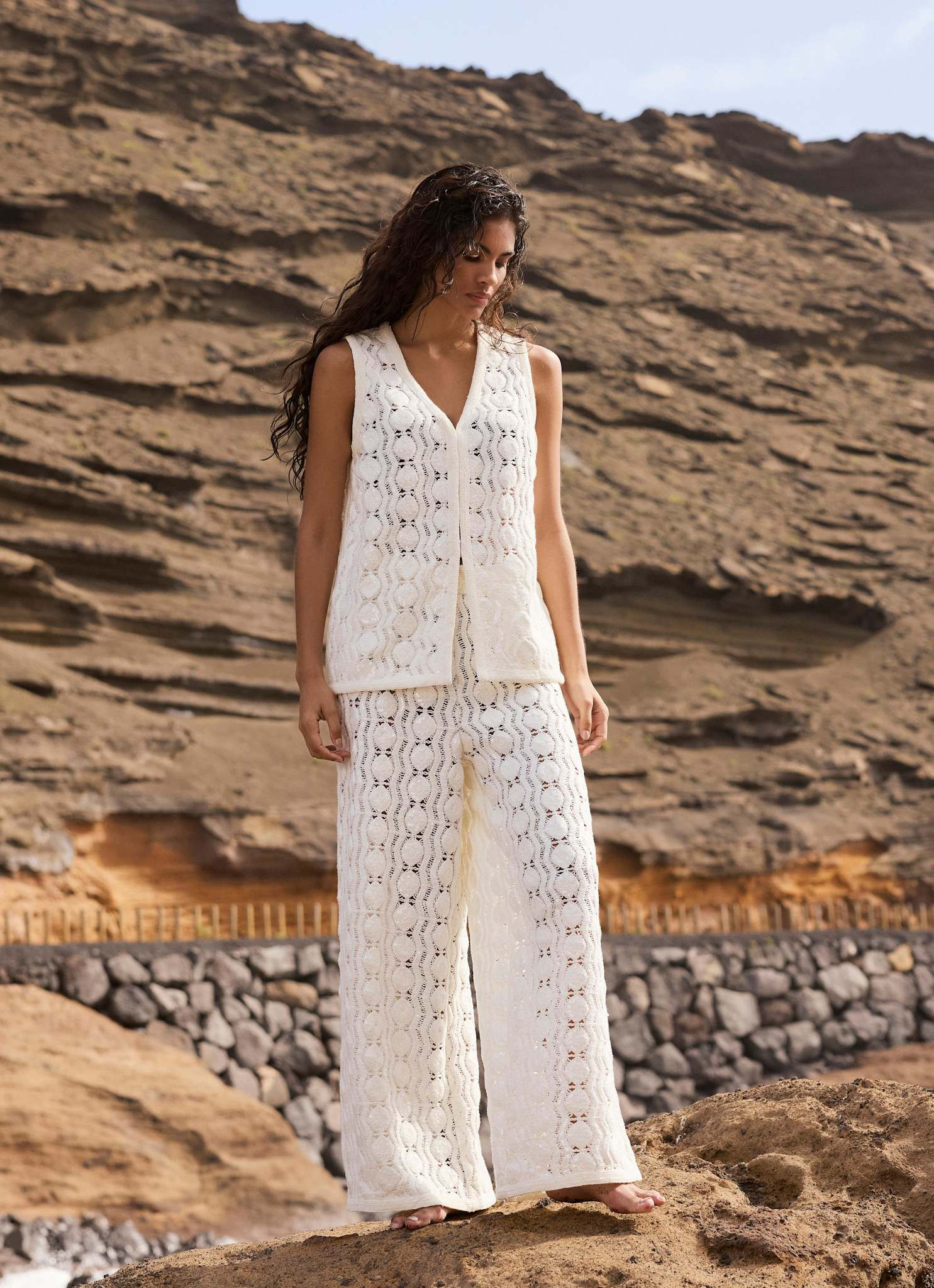 White Crochet Sequin Trousers | Mint Velvet