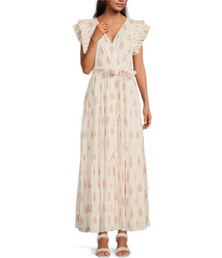Floral Metallic Striped Print Surplice V-Neck Short Ruffled Sleeve Tiered Maxi Dress | Dillard's