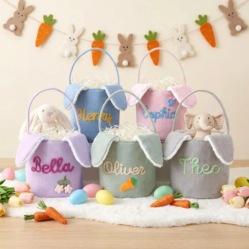 Custom Easter Basket With Name, Corduroy Bunny Ear Bucket, Personalized Basket for Boy Girl, Embr... | Etsy (US)
