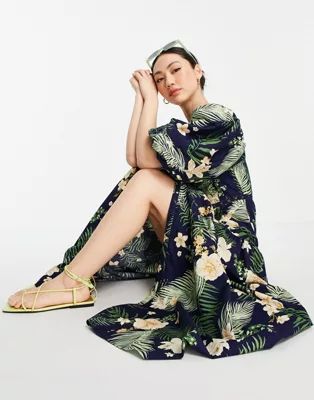 ASOS DESIGN pintuck maxi dress with lace insert in navy floral print | ASOS (Global)